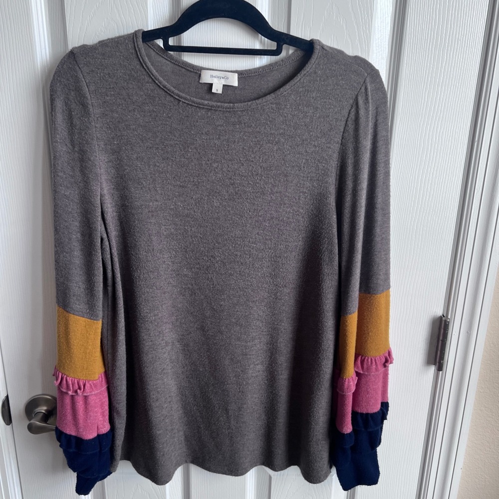 Hailey & Co Womens Taupe Colorblock Ruffle Tiered Long Sleeve Knit Top Small‎